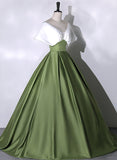 Solvbao Green and White Satin Long Party Dress, Ball Gown Long Formal Dress