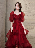 Solvbao Chic Wine Red High Low Short Sleeves Party Dress, Wine Red High Low Homecoming Dress