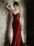 solvbao Wine Red Soft Satin Straps V-neckline Party Dress, Wine Red Evening Dress