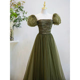 Solvbao Light Green Short Sleeves Tulle Sequins Long Junior Prom Dress, Green Party Dresses