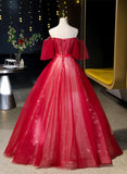 Solvbao Red Off Shoulder Tulle Long Formal Dress, Red Sweetheart Ball Gown Sweet 16 Dress