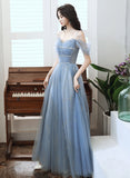 solvbao Blue Tulle A-line Party Dress with Beadings, Blue Long Prom Dress