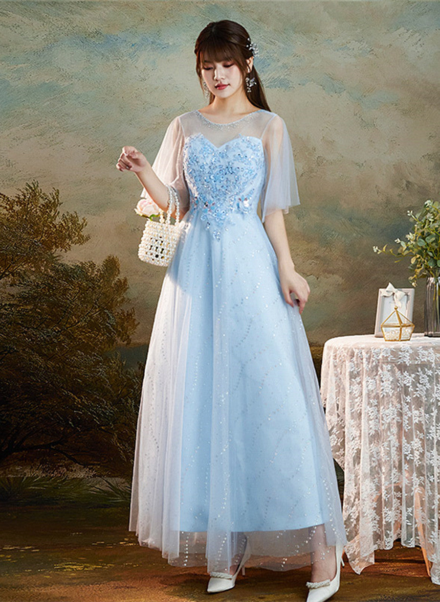 Solvbao Light Blue Round Neckline Sweetheart Long Party Dress, A-line Blue Bridesmaid Dresses