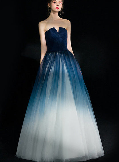 Solvbao Beautiful Blue Gradient Tulle Formal Dress, Floor Length Blue and White Party Dress