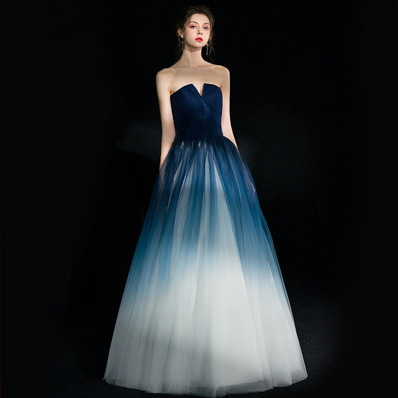 Solvbao Beautiful Blue Gradient Tulle Formal Dress, Floor Length Blue and White Party Dress