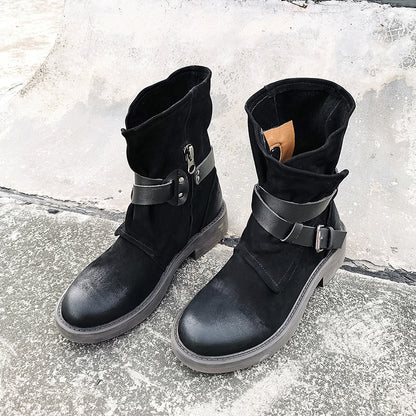 All-Year-round Martin Boots with HOTan and NEWn round Toe Mid Heel Belt Buckle Women's Boots Retro Rub Colored Women's Boots New