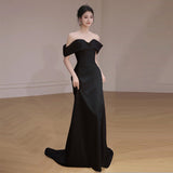 SOLVBAO off-Shoulder Light Wedding Dress Elegant Ladies Banquet Satin Simple Evening Dress Bridal Wedding Wedding Veil Dress