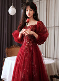 solvbao Wine Red Puffy Sleeves Sweetheart Party Dress,Wine Red Long Prom Dress