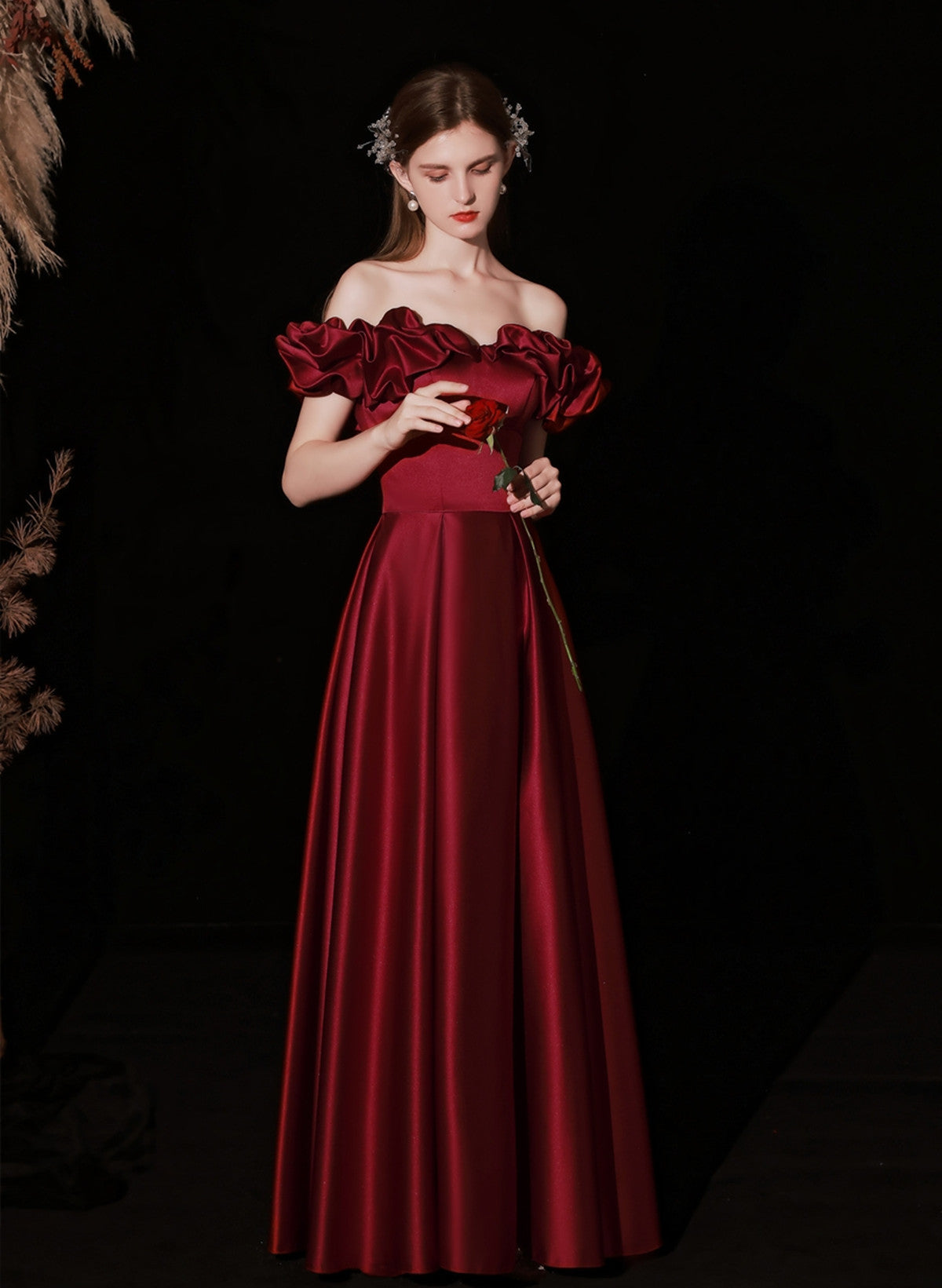 Solvbao A-line Satin Simple Off Shoulder Floor Length Party Dress, Wine Red Long Prom Dress