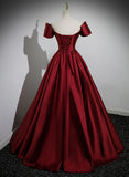 Solvbao Wine Red Satin Short Sleeves Long Party Dress, Simple Wine Red Satin Prom Dress