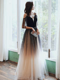 Solvbao Black V-neckline Tulle Gradient A-line Prom Dress, Black Floor Length Party Dress Evening Dress