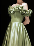 Solvbao Green Satin Off Shoulder Long Evening Dress, Green Prom Dress Party Dress