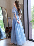 Solvbao Light Blue Tulle A-line Floor Length Formal Dress, Light Blue Evening Dress Party Dress