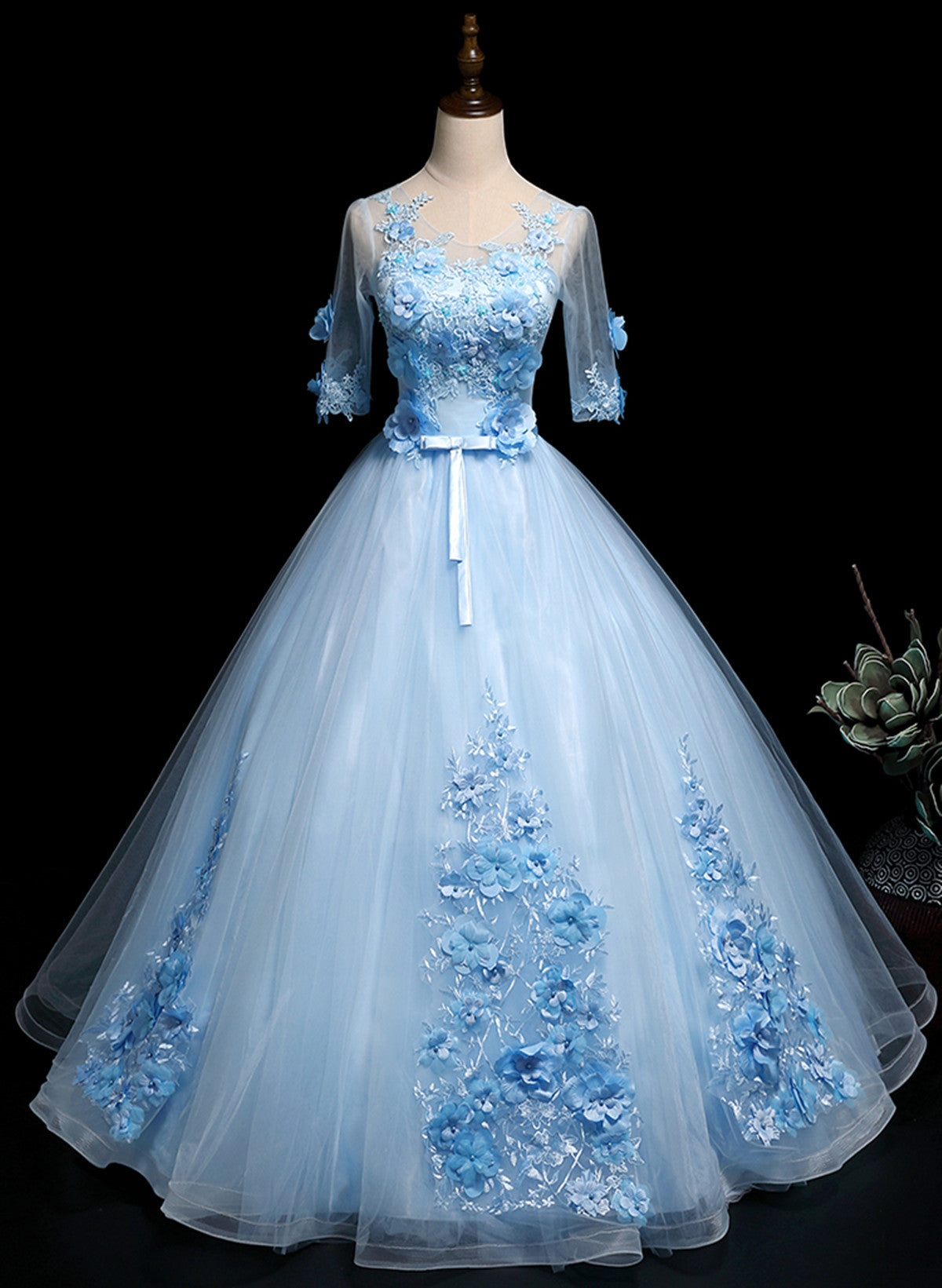 Solvbao Light Blue Ball Gown with Sleeves Party Dress, Blue Sweet 16 Dress