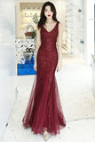 solvbao Wine Red Sequins with Tulle Mermaid Party Gown, Burgundy Prom Dress