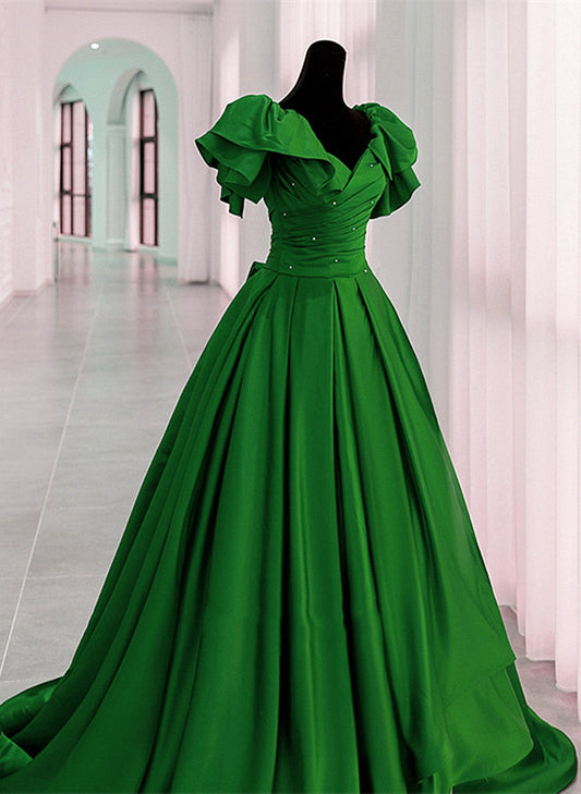 Solvbao Green Satin Long Party Dress Short Sleeves, Green Satin Evening Dress Formal Dress