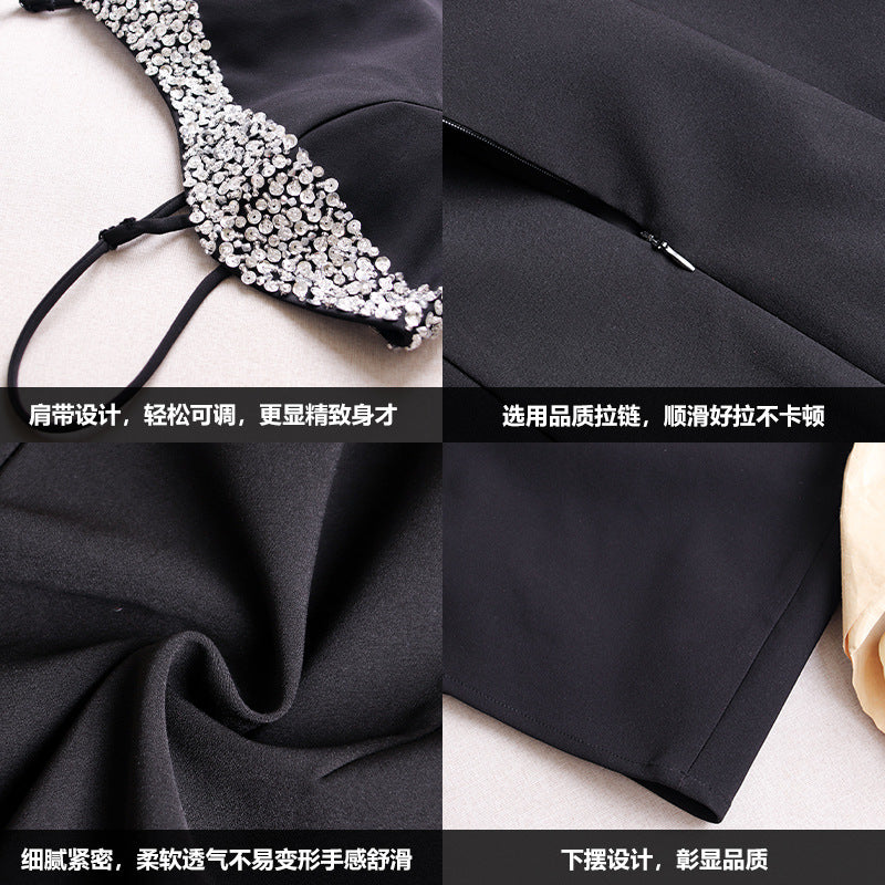 SOLVBAO [In Stock]  Summer Sun Yi Same Style Pure Desire Sexy Black Camisole Dress High-Grade Diamond-Embedded Short Evening Dress