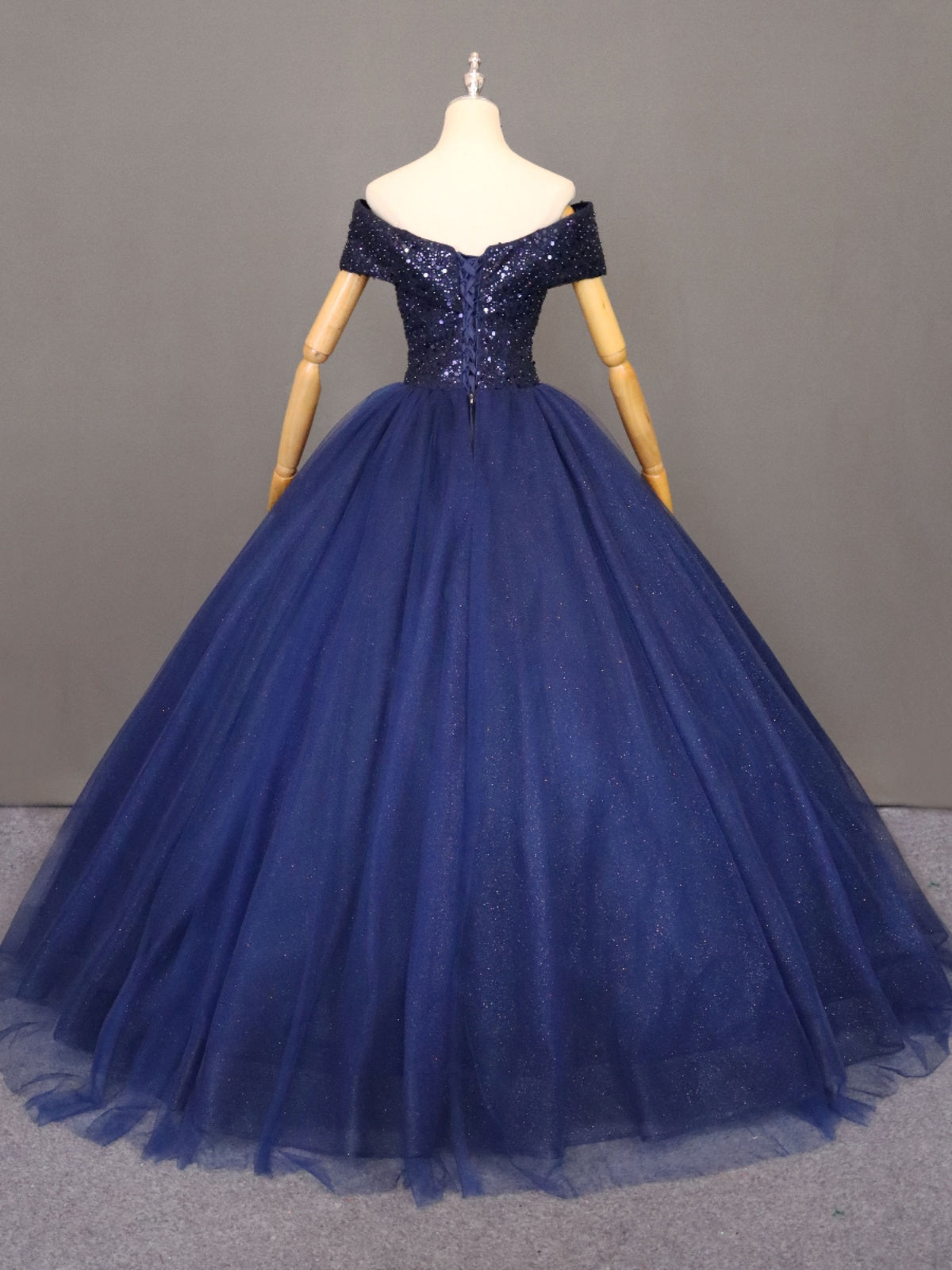 Solvbao Glam Navy Blue Off Shoulder Beaded Tulle Formal Gown, Navy Blue Sweet 16 Dress