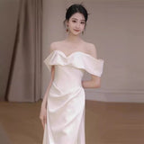 SOLVBAO off-Shoulder Light Wedding Dress Elegant Ladies Banquet Satin Simple Evening Dress Bridal Wedding Wedding Veil Dress