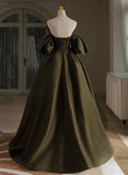 solvbao Green Satin Off Shoulder Short Sleeves Party Dress, Long Green Satin Prom Dress