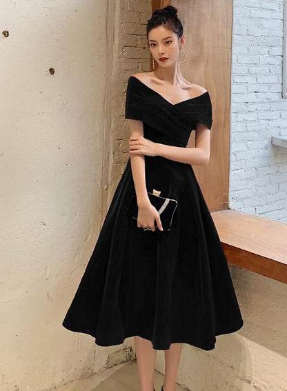 Solvbao Black Velvet Elegant Lace-up Prom Dress, Black Off Shoulder Prom Dress