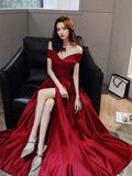 Solvbao Wine Red Satin Off Shoulder Long Prom Dress with Leg Slit, Wine Red Evening Dress