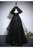 Solvbao Black Haler Tulle and Velvet Long Prom Dress, Black A-line Tulle Evening Dress