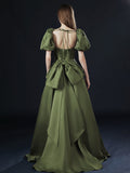 Solvbao Green Satin Long Party Dress with Short Sleeves, Green A-line Low Back Prom Dress