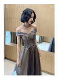 solvbao Dark Grey Tulle with Lace Applique Sweetheart Long Prom Dress, A-line Off Shoulder Party Dress