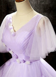 Solvbao Light Purple Tulle with Flowers Cute Long Party Dress, Purple Sweet 16 Dress