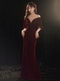 Solvbao Wine Red Memaid Evening Dress Party Dress, Velvet Long Prom Dress