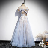 solvbao Light Blue Tulle with Gold Sequins Off Shoulder Prom Dress, Blue A-line Formal Dress Evening Dress