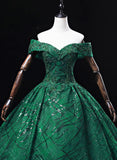 Solvbao Green Ball Gown Off Shoulder Tulle Party Dress, Green Lace Sweet 16 Dress