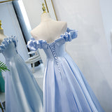 Solvbao Blue Satin Simple Off Shoulder Long Party Dress , A-line Light Blue Prom Dresses