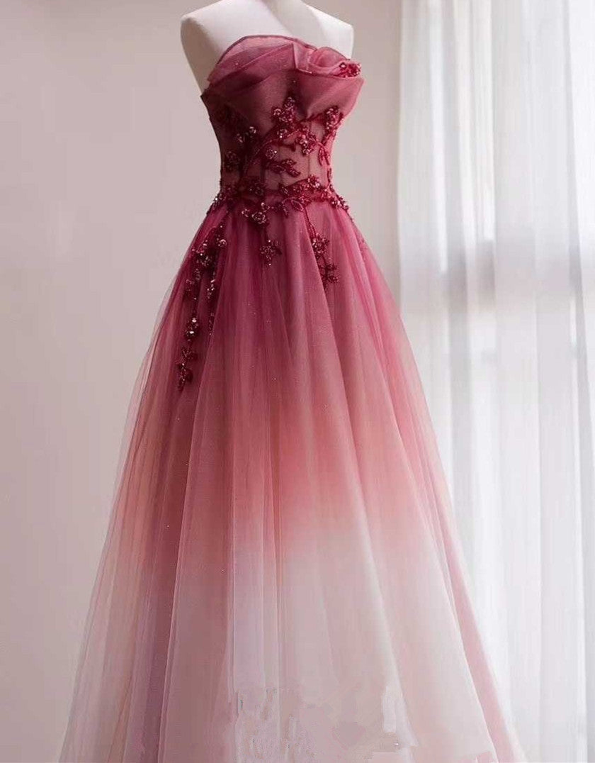 Solvbao Red Beaded Gradient Tulle Long Party Dress, A-line Elegant Lace-up Prom Dress