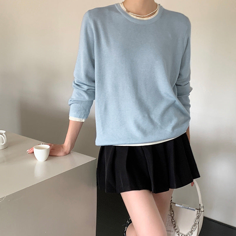 Regular contrasting color knitted sweater women's spring wool crew neck long-sleeved Korean top design sense fake two T-shirts