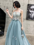 Solvbao Blue Tulle A-line Long Party Dress with Straps, Blue Long Prom Dress