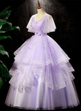 Solvbao Light Purple Tulle with Flowers Cute Long Party Dress, Purple Sweet 16 Dress