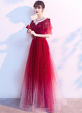 Solvbao Red Gradient Tulle A-line Long Party Dress, Round Neckline Prom Dress Formal Dress