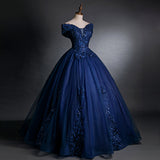 solvbao Glam Navy Blue Sweet 16 Formal Gown with Lace, Blue Prom Dress Party Dress