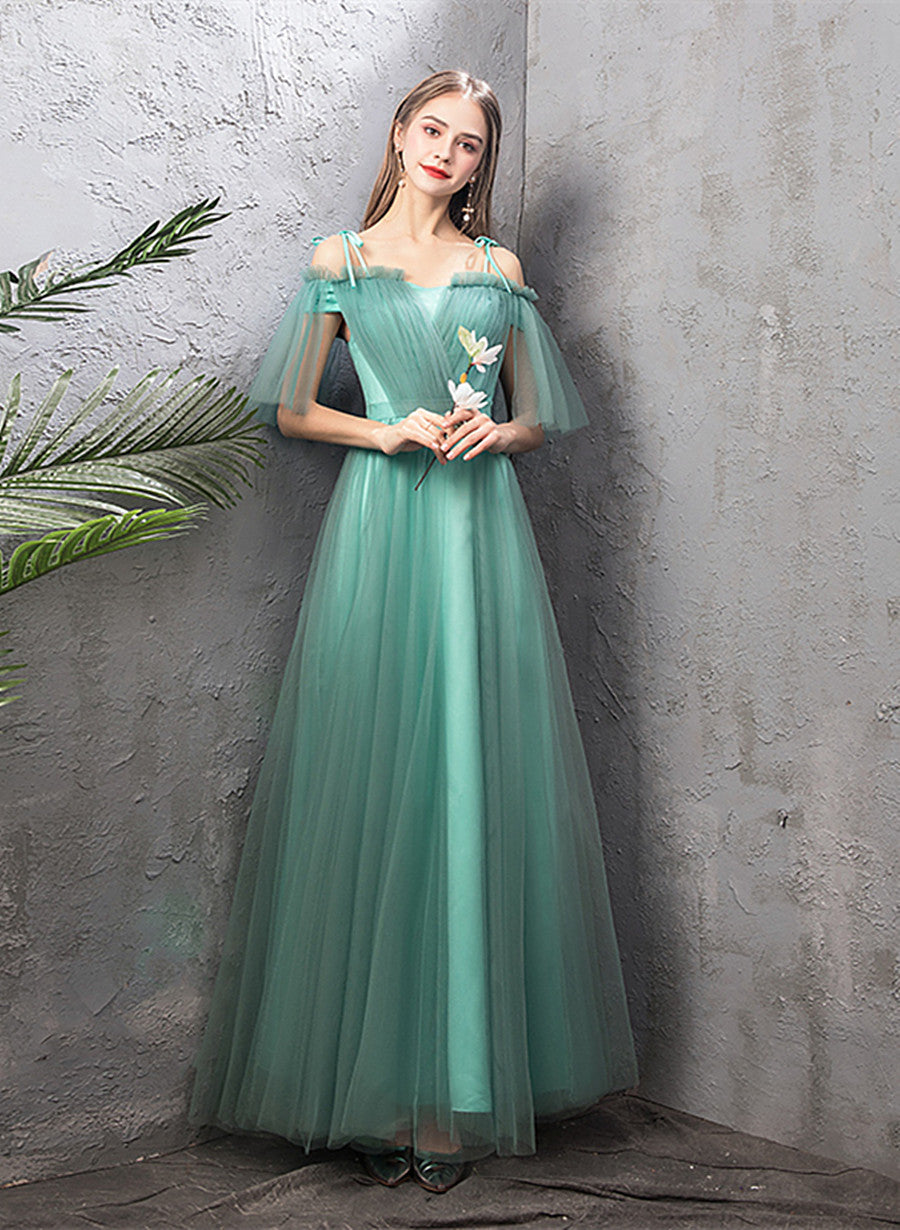 Solvbao A-line Tulle Blue Floor Length Party Dress, Simple Prom Dress Long Wedding Party Dress