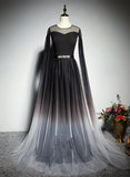 Solvbao Black Gradient Round Neckline Tulle Long Formal Dress, Black Evening Gown Party Dress