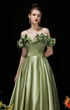 Solvbao Green Satin Off Shoulder Long Evening Dress, Green Prom Dress Party Dress