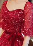 Solvbao Dark Red Short Sleeves Sweetheart Tulle Prom Dress, A-line Dark Red Formal Dress