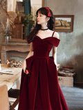 Solvbao Wine Red Velvet Off Shoulder Long Evening Dress, Dark Red Party Dress Formal Dress