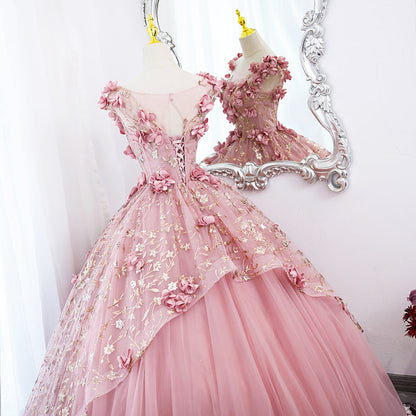 Solvbao Lovely Pink Tulle Long Party Dress with Flowers, Pink Tulle Sweet 16 Gown