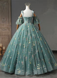 Solvbao Green Floral Tulle Off Shoulder Party Dress, Elegant Long Sweet 16 Dress