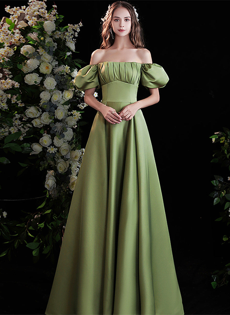 Solvbao Green Satin Short Sleeves Scoop Neckline Prom Dress, Green Long Formal Dress