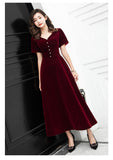 Solvbao Wine Red Tea Length Short Sleeves Vintage Style Party Dress, Velvet Bridesmaid Dress