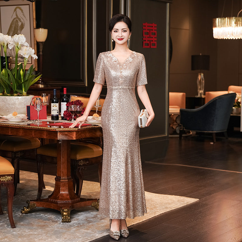 SOLVBAO Women's High-End Long Evening Dress for Wedding Moms Summer New Mid-Year Happy Mother-in-Law Wedding Banquet Short Sleeve Toast Dress